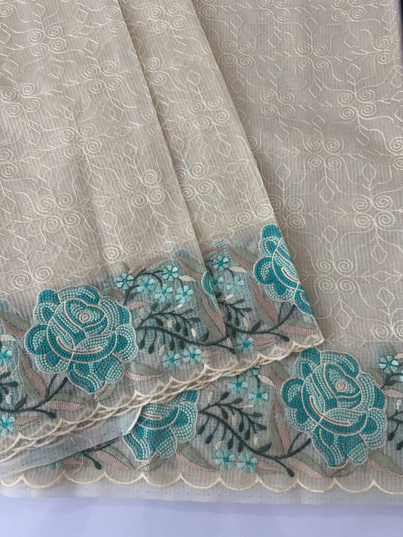 Phulkari NetKota embroidery saree - MSH107 Offwhite to Blue