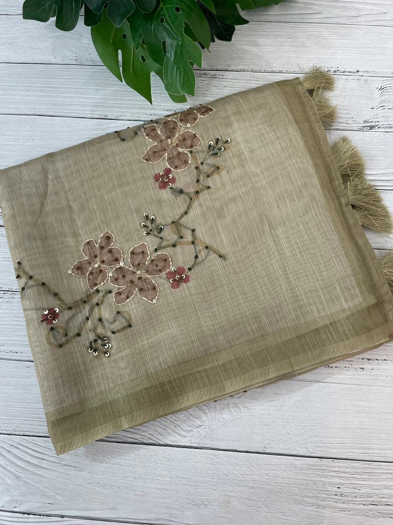 Soft Tissue linen saree with kanta embriodery saree FBLK72 - DuskyGreen