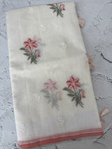 Lightweight Supernet saree with cross stitch embroidery MS142- White to Peach