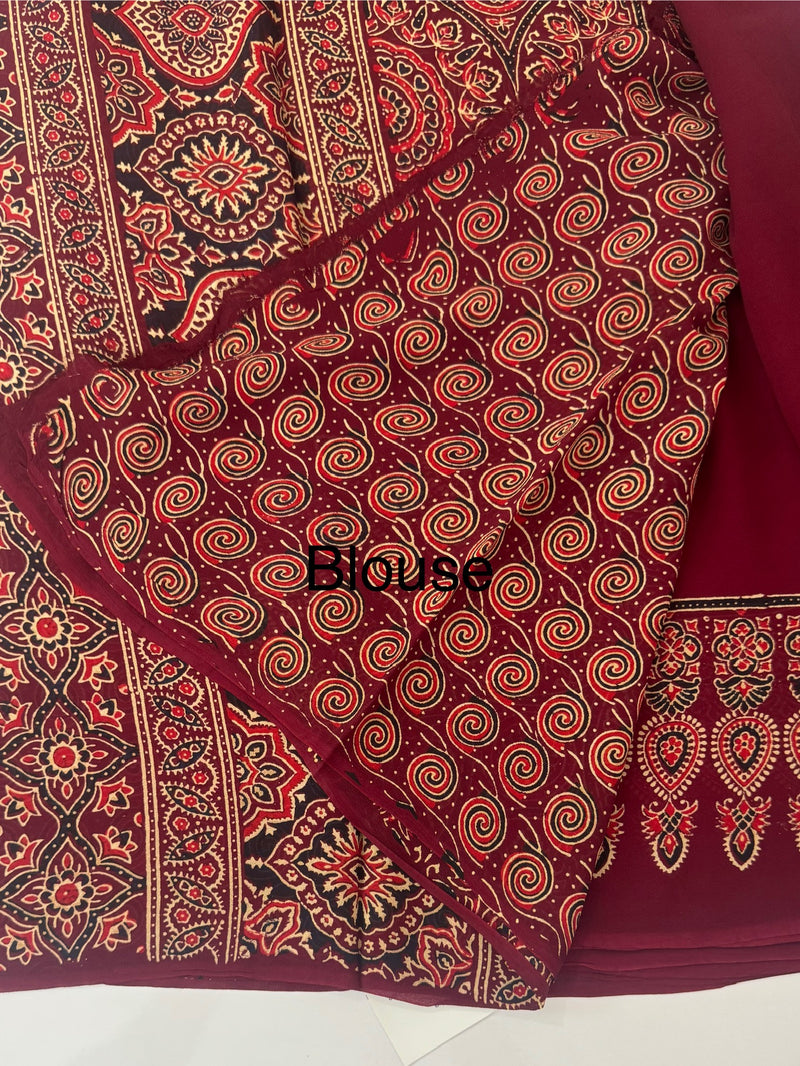 Pure Ajrakh Georgette saree MGS76- Maroon