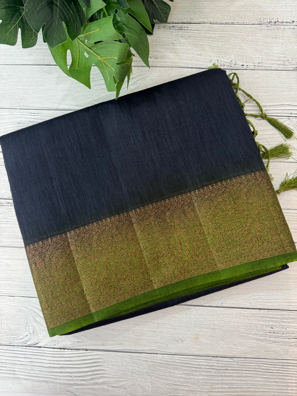Jute silk sarees with contrast pallu & blouse MJL396- Black to Green