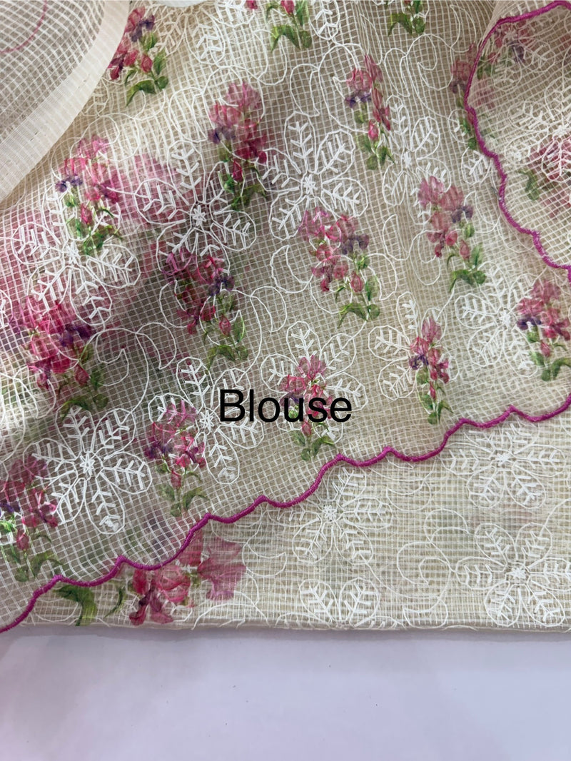Phulkari NetKota Embroidery and digital printed saree - OffWhite MS6001