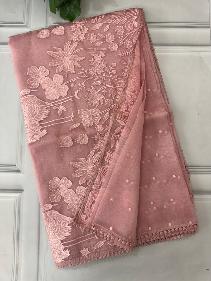 Tissue Organza Applique work saree MS13881 PeachPink