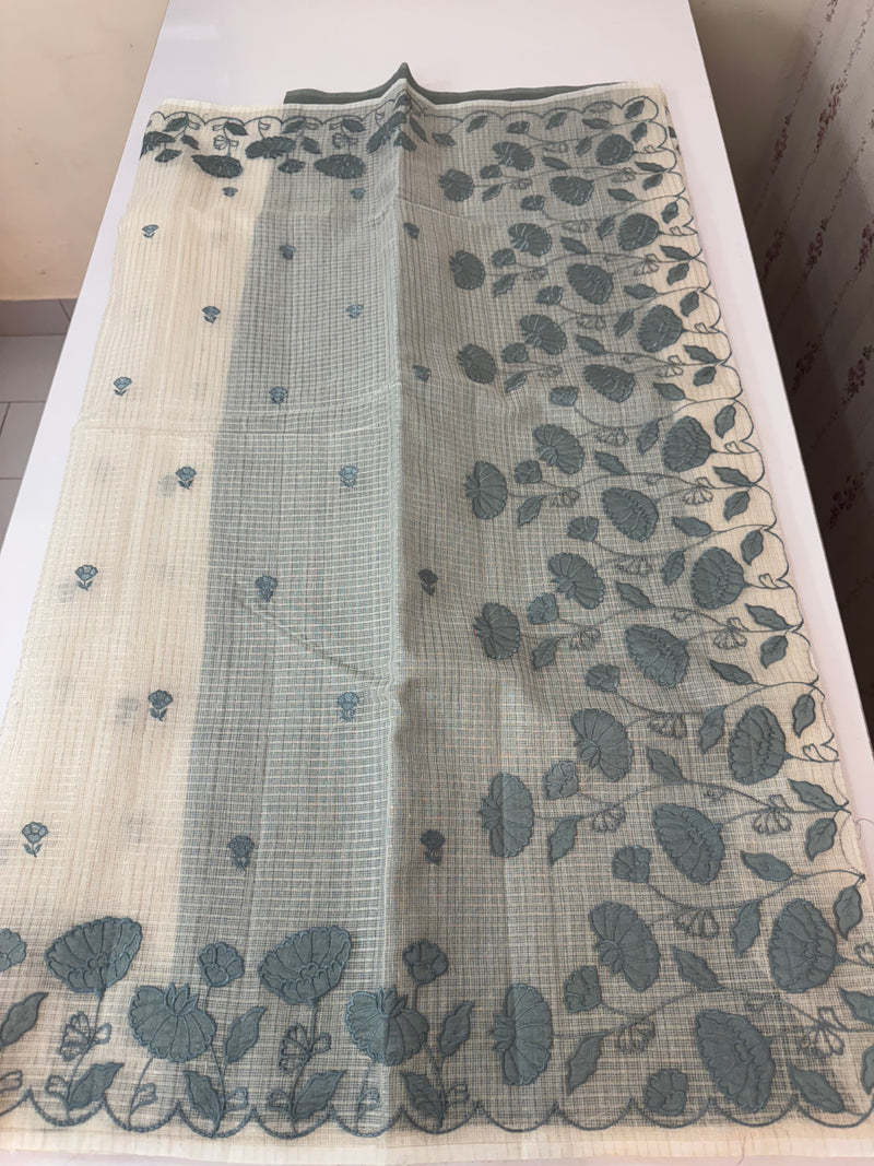Tissue silk saree with zari checks and applique work  MSH105- Offwhite to Grey