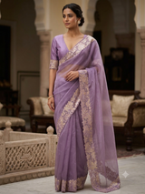Soft Organza saree with cutwork tissue applique borders - MCW765