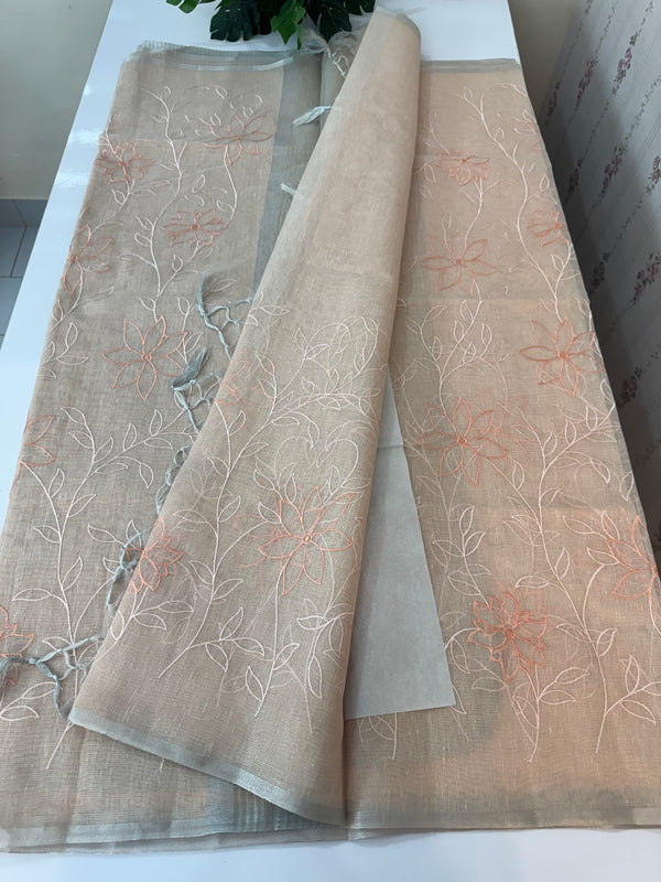 Tissue Linen Saree with embroidery MRS786 - Pastel peach