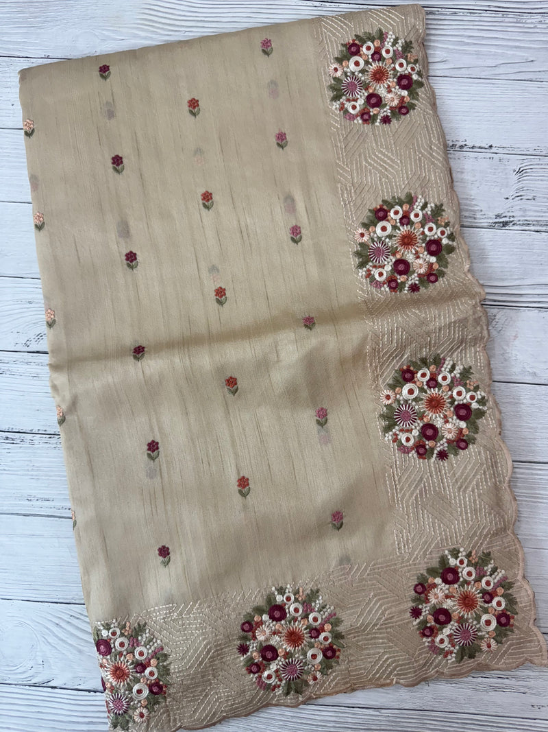 Blended tussar silk saree with embriodery - MSS564 - Beige