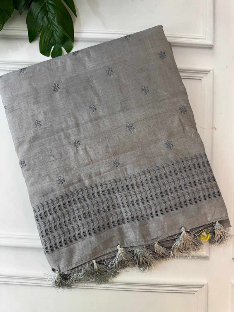 Blended tussar saree with cutwork - MJHG78 Grey