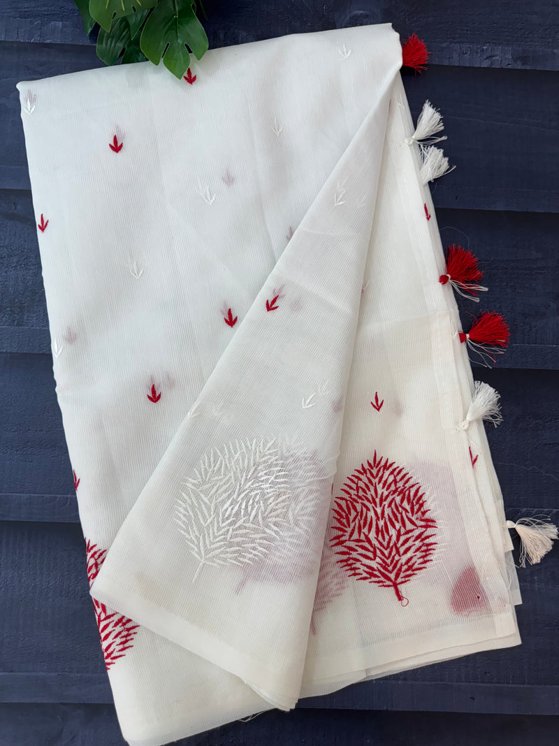 Supernet saree with embroidery MCJ875 white & Red