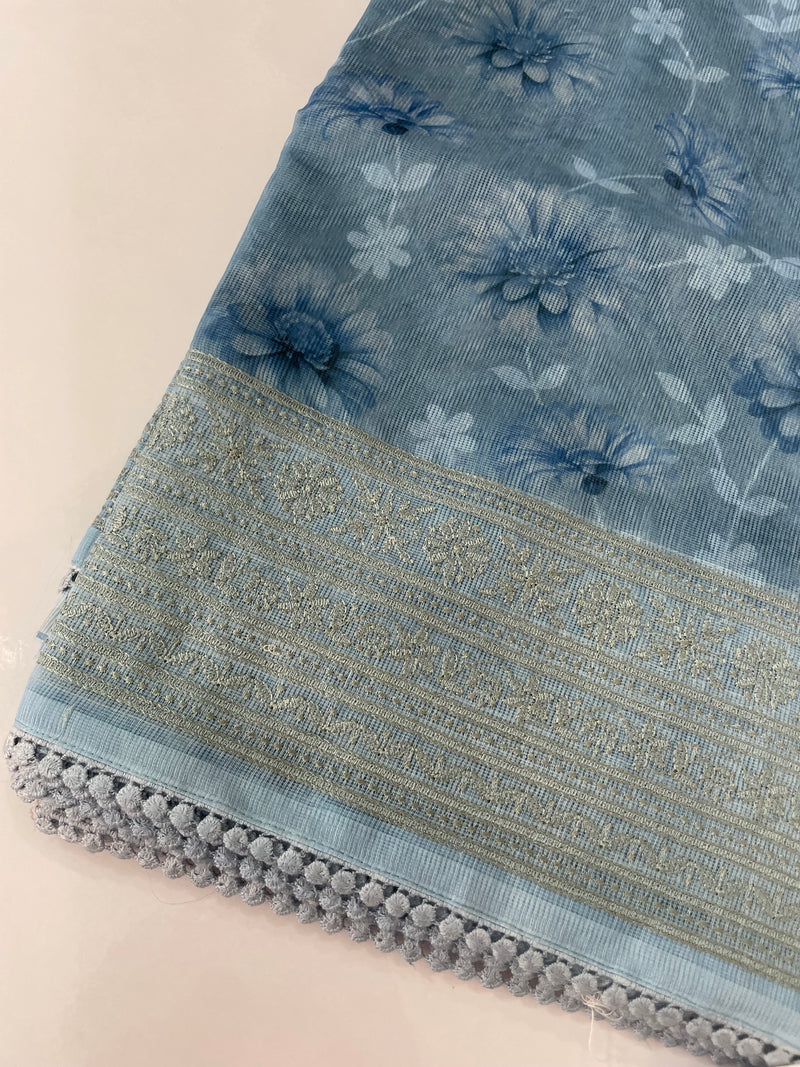 Supernet saree with digital prints and chikankari border SKFNSEM