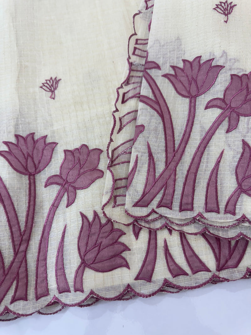 Jute Linen Applique work saree  -MSH128 Offwhite to OnionPink