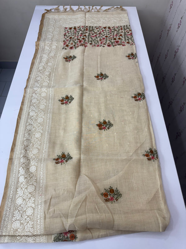 Tissue linen saree with chikankari borders MLS8976