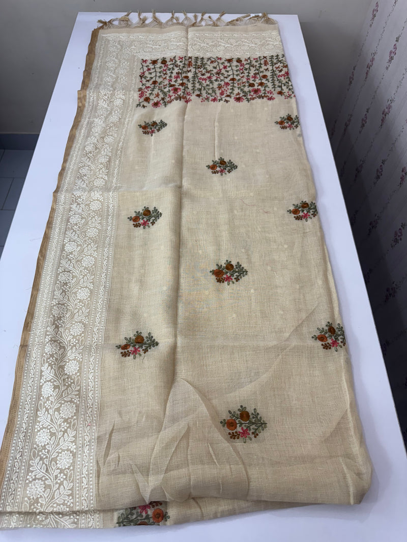 Tissue linen saree with chikankari borders MLS8976