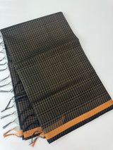 Mangalagiri Silk Cotton Saree with zari checks MS90321 - Dark Green(mix of black)