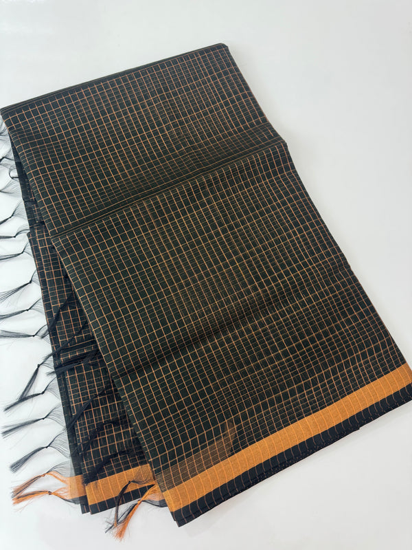Mangalagiri Silk Cotton Saree with zari checks MS90321 - Dark Green(mix of black)