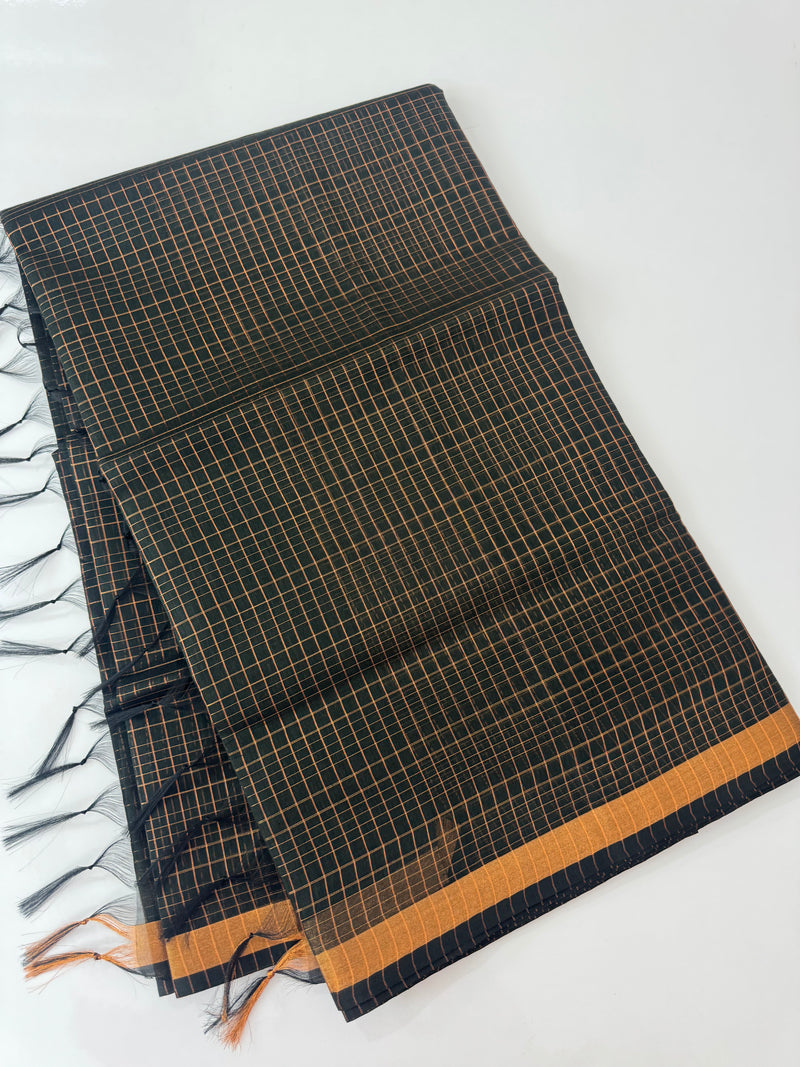 Mangalagiri Silk Cotton Saree with zari checks MS90321 - Dark Green(mix of black)
