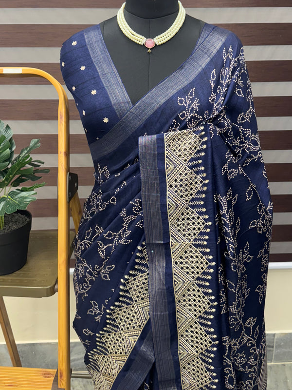 Blended Bandhani tussar silk saree with cutwork MTBF313 DarkBlue