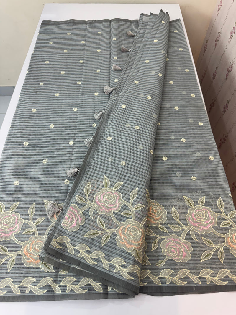 Applique and embroidery work Kota Silk saree MSH118 - Grey