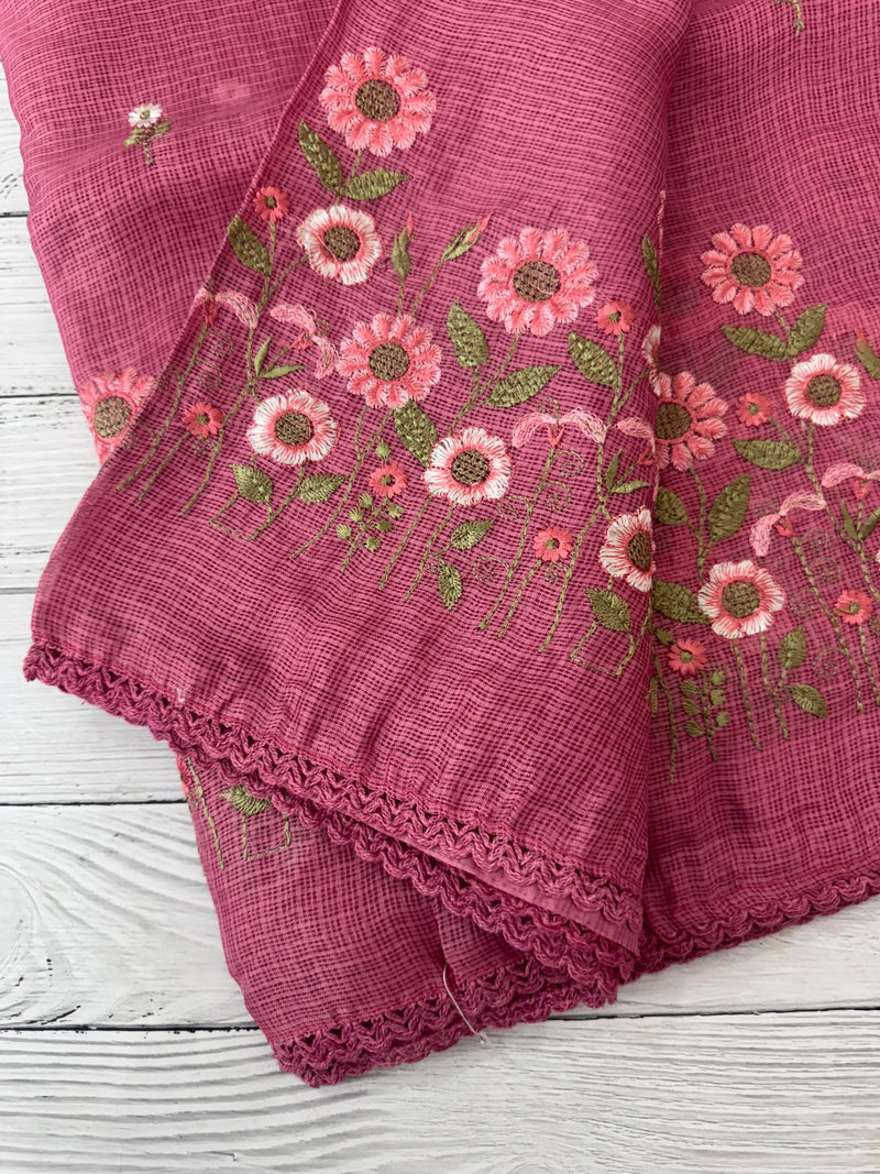 Soft kota checks saree with embroidery - SVPSNM Pink
