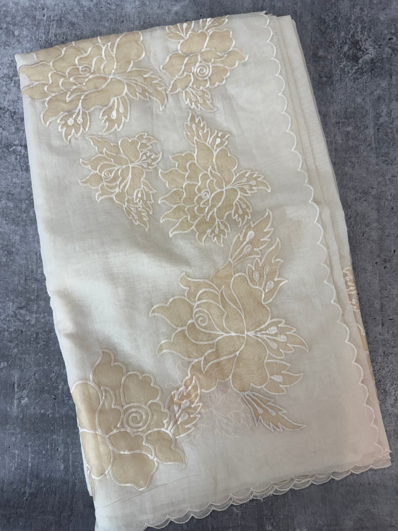Mul chanderi applique work saree  MSH115 - Offwhite to Beige