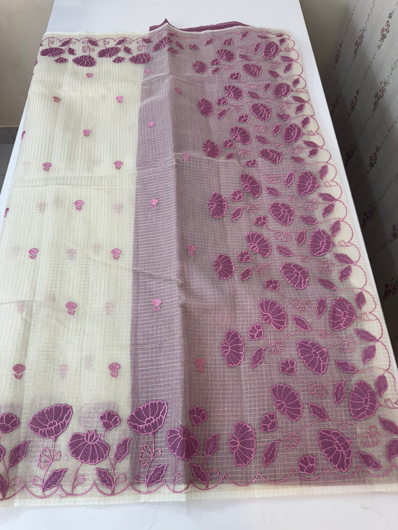 Tissue silk saree with zari checks and applique work  MSH105 -Offwhite to Pinklavender