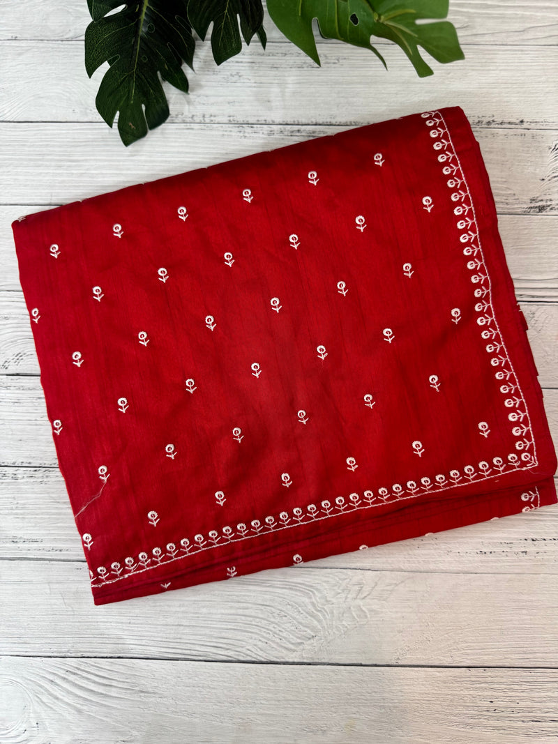 Blended tussar saree with embriodery - MS14401 DeepRed and White