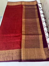 Jute silk sarees with contrast pallu & blouse MJL396 Rust to Wine