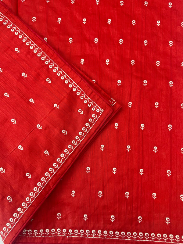 Blended tussar saree with embriodery - MS14401 DeepRed and White