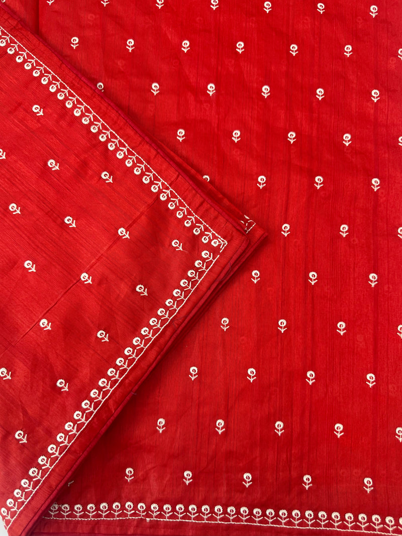 Blended tussar saree with embriodery - MS14401 DeepRed and White