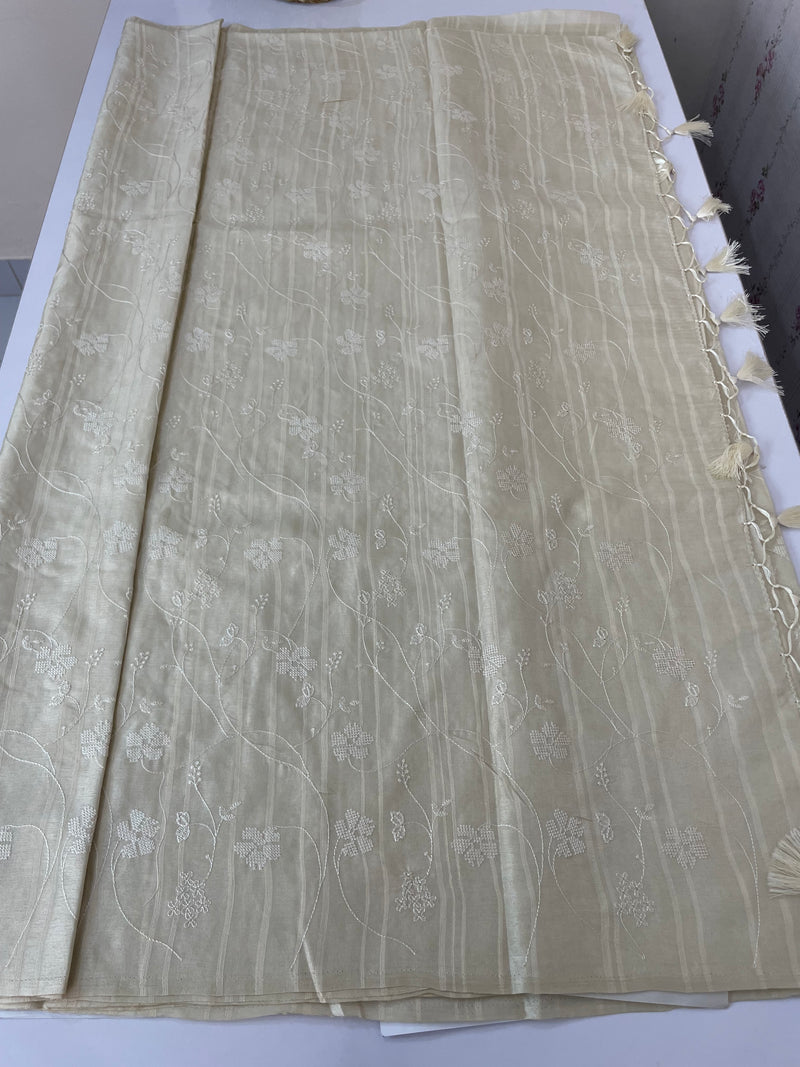 Blended soft tussar saree with embriodery - MS14997 - Offwhite