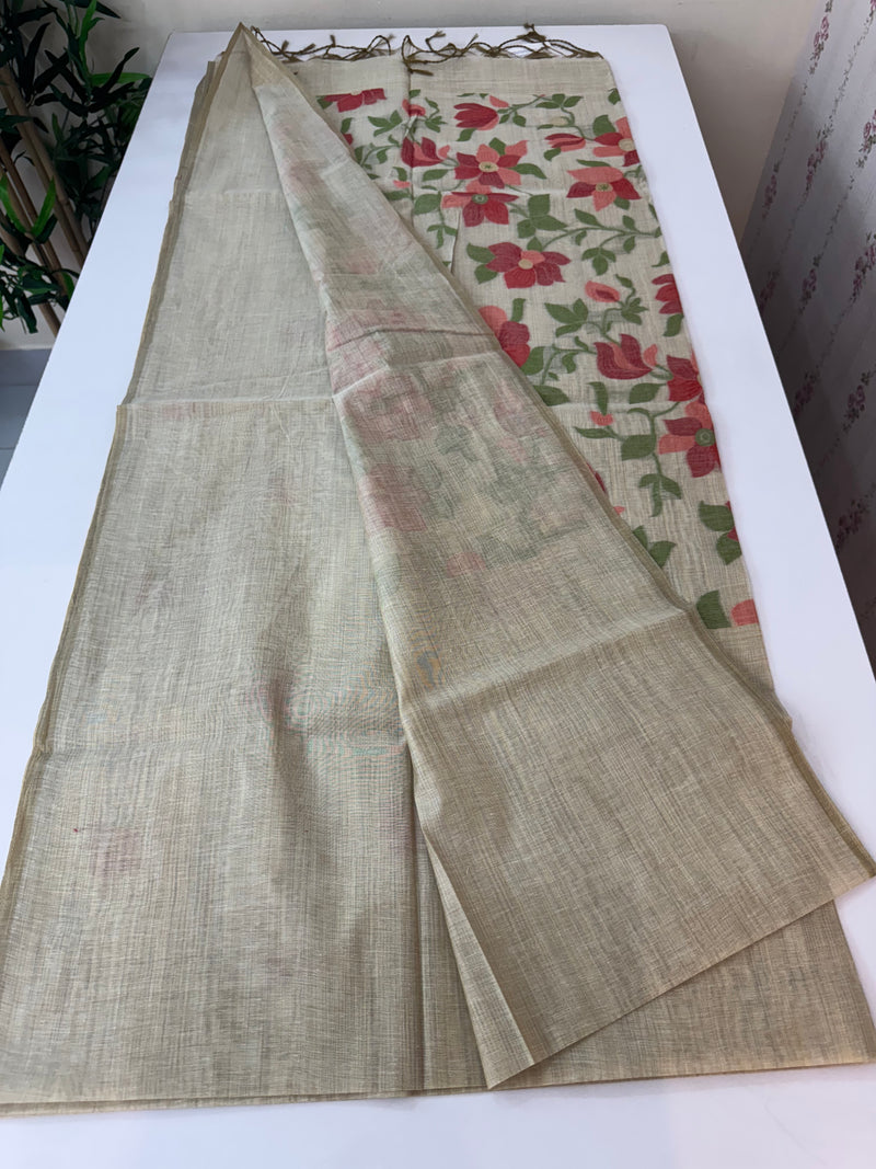 Jamdani Cotton Saree with plain body and Floral Jamdani blouse MS12552