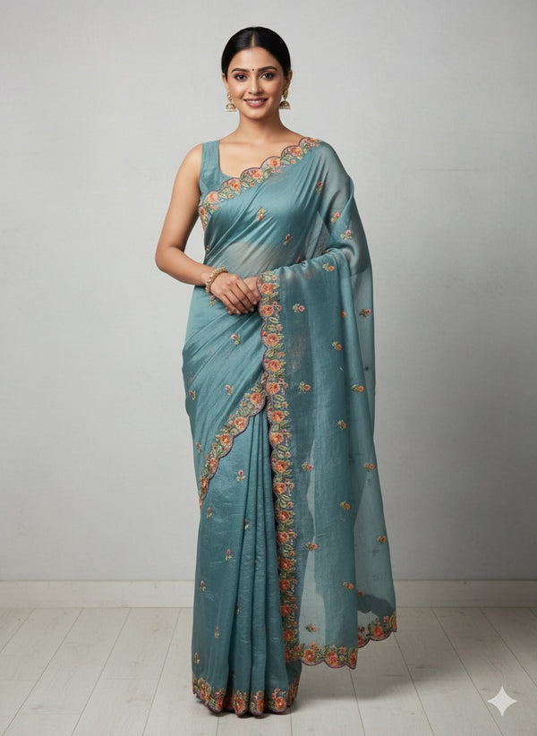 Crush Organza embroidery saree MS14567 Blue