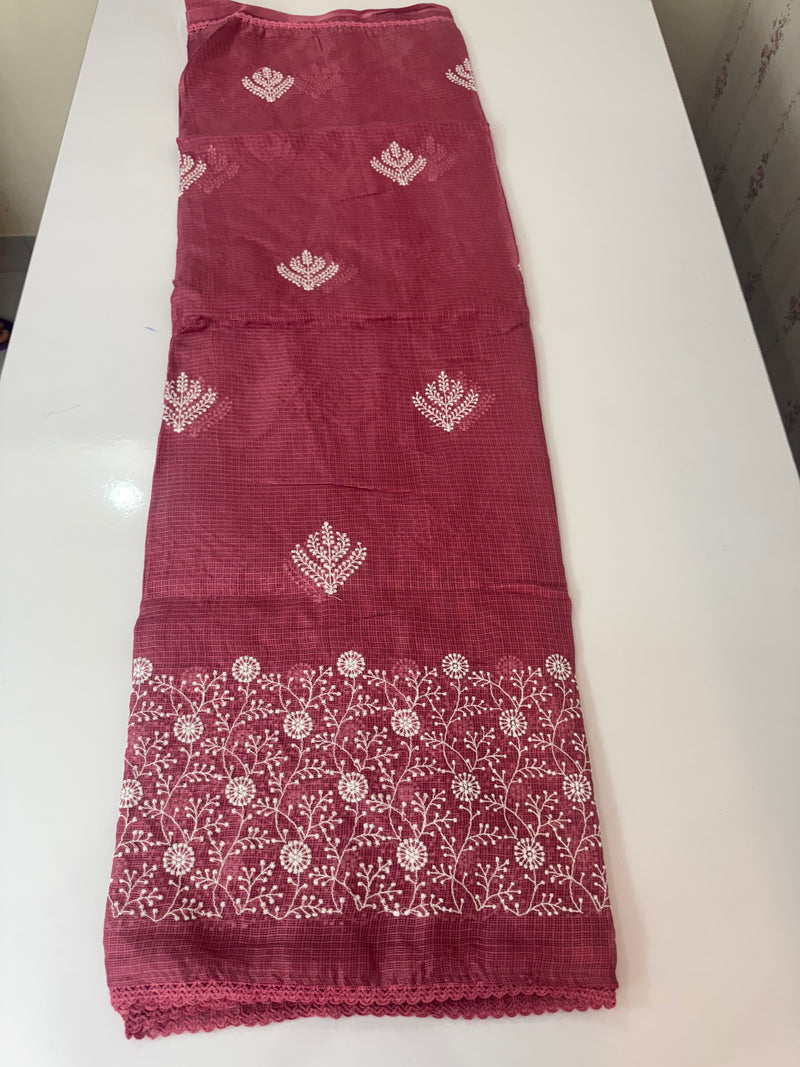 Kota checks saree with embroidery SVTS31 Pink