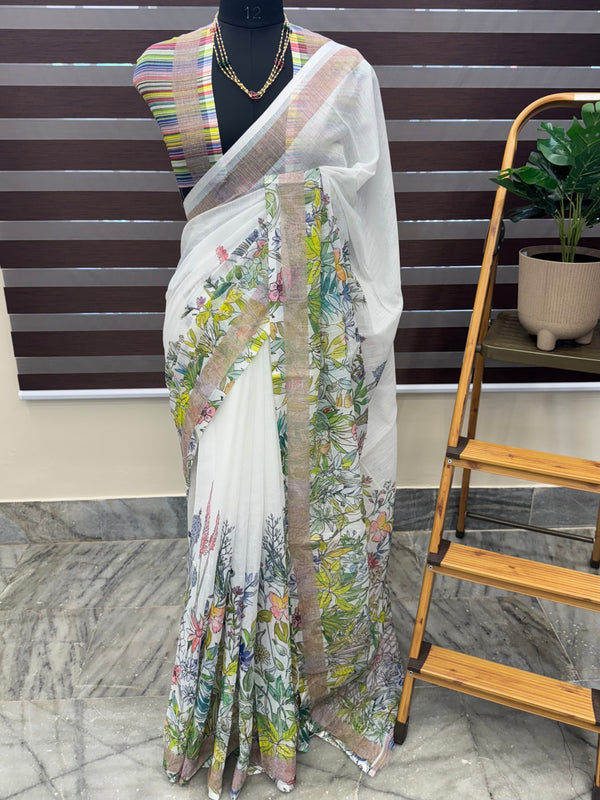 Floral printed semi Linen Saree MLS615