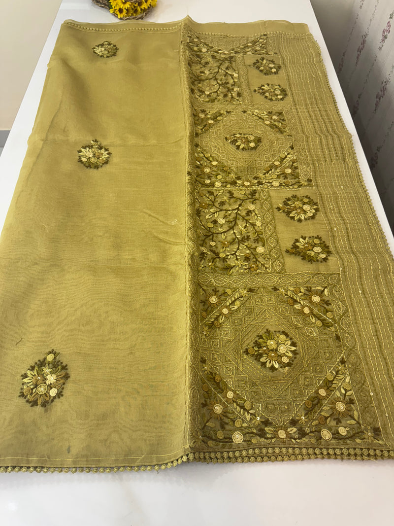 Handworked Tissue silk saree with French knots FBLK162 YellowMixGreen