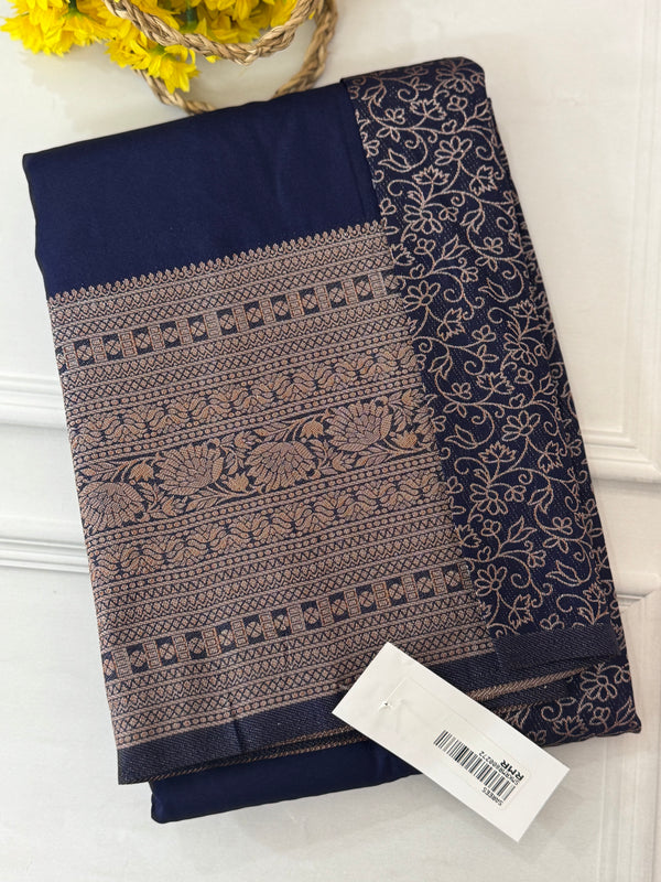 Crepe chiffon saree with brocade blouse - MS1134 DarkBlue