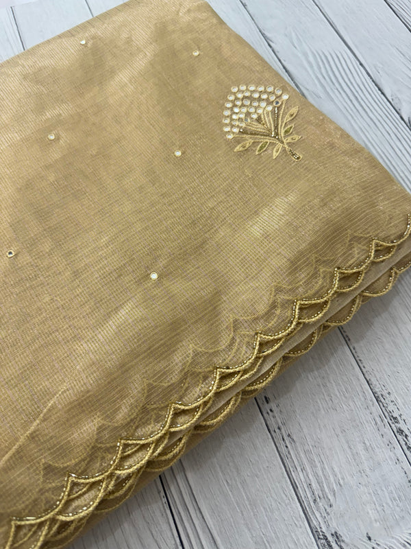 Tissue silk saree with mirror work and scalloped border MTSS432 - Goldenyellow