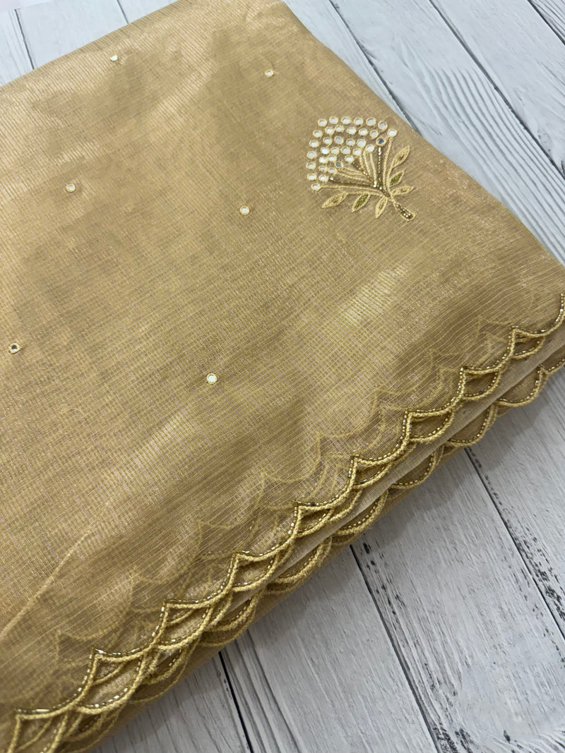 Tissue silk saree with mirror work and scalloped border MTSS432 - Goldenyellow