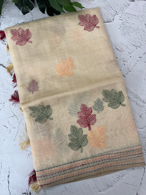 Semi chanderi saree kanta embriodery MSF590 - Cream