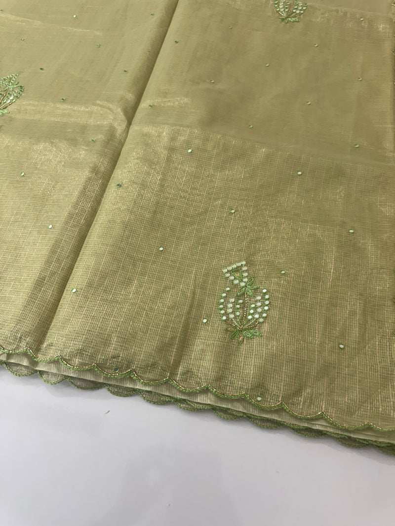 Tissue silk saree with mirror work and scalloped border MTSS432- LightGreen