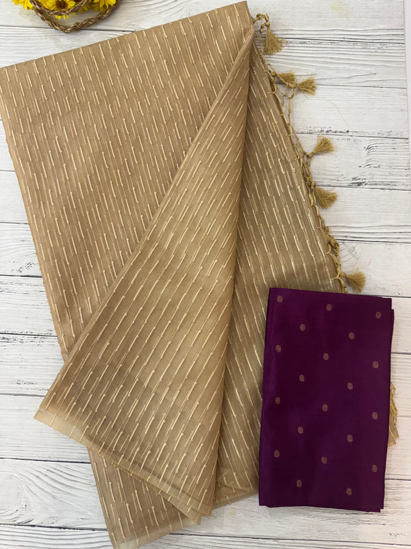 Semi organza thread work saree with soft silk blouse MOS9543- Beige to Purple