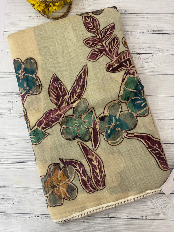 Tissue linen saree with applique work MLS5478