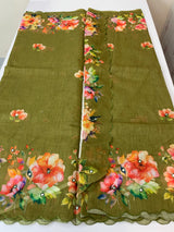 Digital printed semi Linen Saree MLS711- OliveGreen