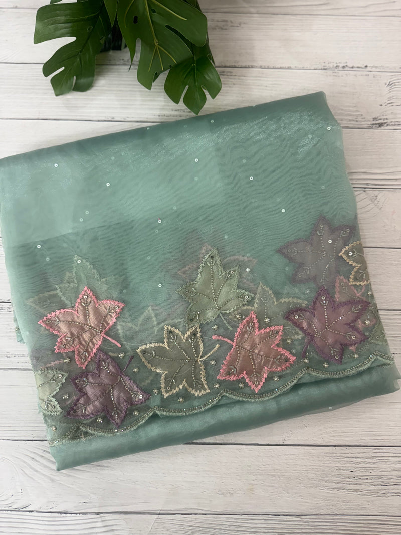 Handworked glass organza saree with applique work- MSHW227- BlueGreen