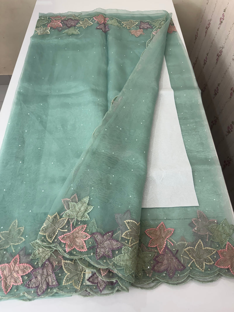 Handworked glass organza saree with applique work- MSHW227- BlueGreen