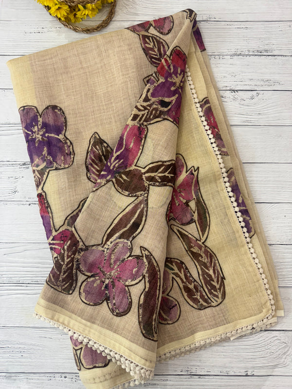 Tissue linen saree with applique work MLS5478