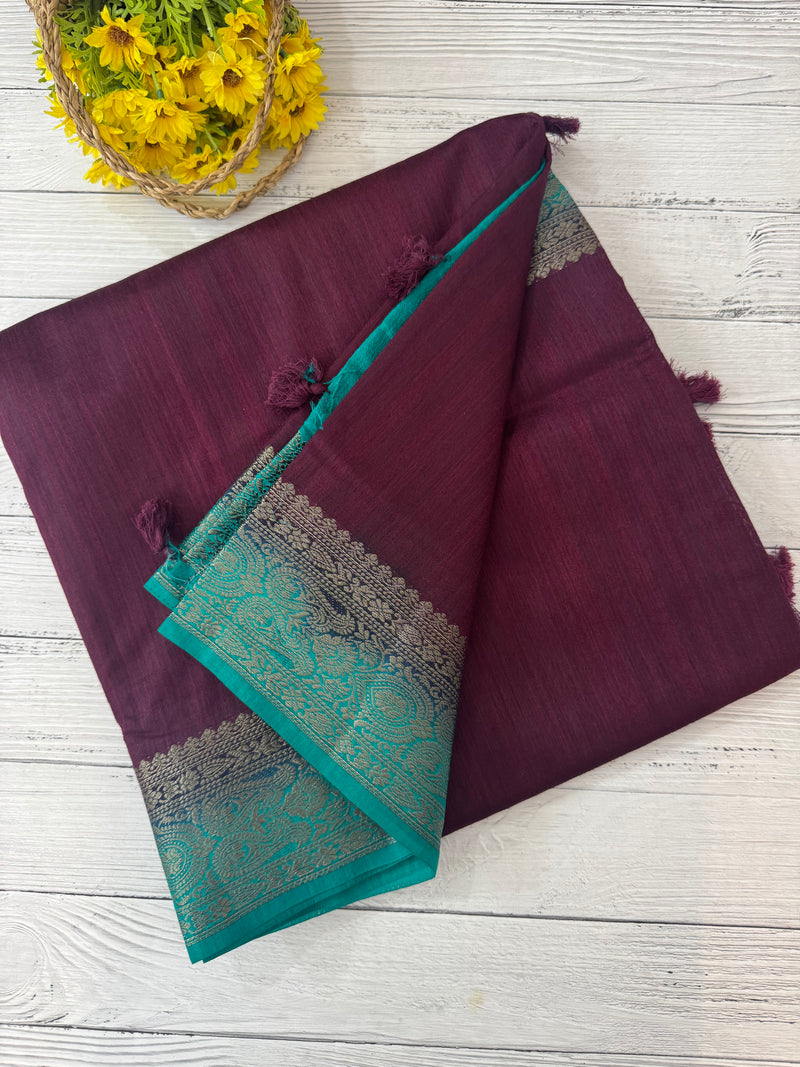 Blended tussar silk sarees with contrast pallu & blouse MTL430