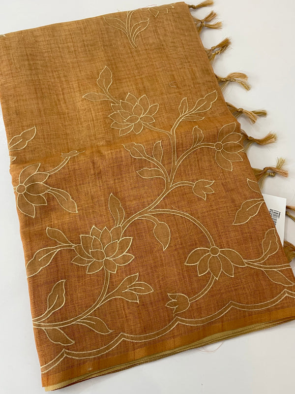 Ombre Soft Tissue linen saree with appliqué work MSL875