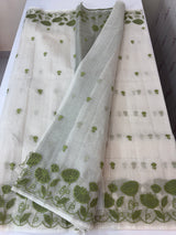 Tissue silk saree with zari checks and applique work  MSH105- Offwhite to Green