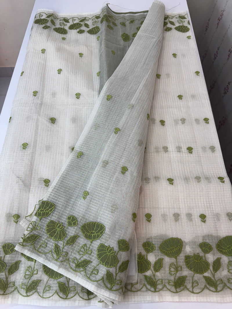 Tissue silk saree with zari checks and applique work  MSH105- Offwhite to Green